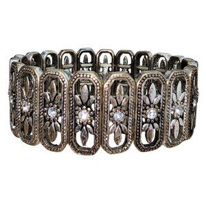 Women's Silver Tone & Rhinestone Art Deco Vintage Style Stretch Bracelet Jewelry